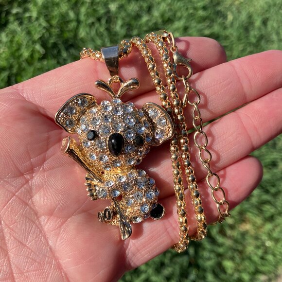 Cute Blingy Rhinestone Koala on a Branch Pendant Necklace Ornament Jewelry - Picture 1 of 6